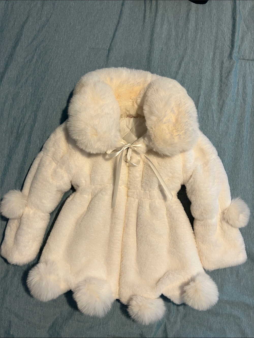 Source Unknown Cream Faux Fur Pom-Trim Puffer Coat for Kids
